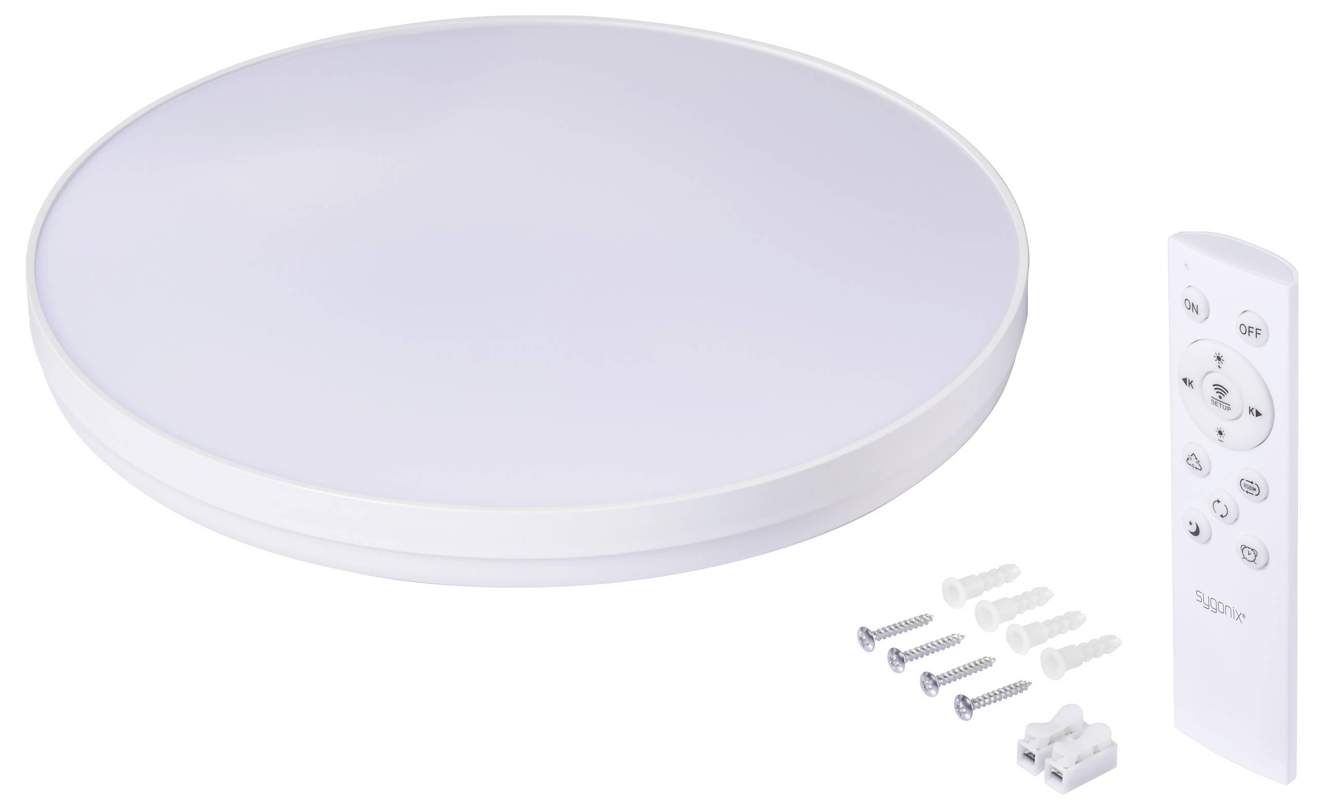 Round LED ceiling light with a remote control, four screws, wall plugs, and a wiring connector.