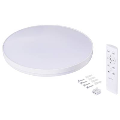 Round LED ceiling light with a remote control, four screws, wall plugs, and a wiring connector.