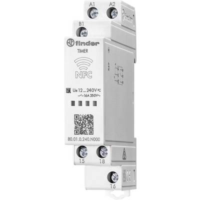 Time switch module with NFC technology, voltage range 12–240V AC/DC, current rating max. 16A, suitable for DIN rail mounting.