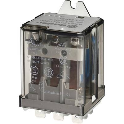 'A transparent electromagnet relay with labels and technical specifications on the front.'