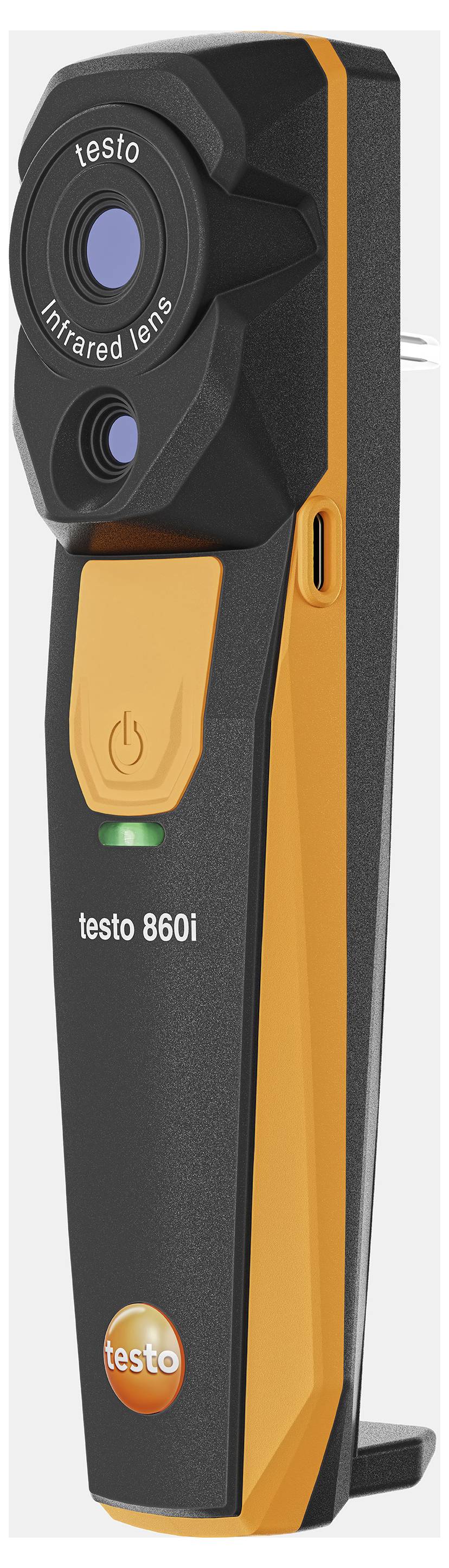 Infrared thermometer with display and two lenses for precise temperature measurement. Marking: 'testo 860i'. Black and orange casing.
