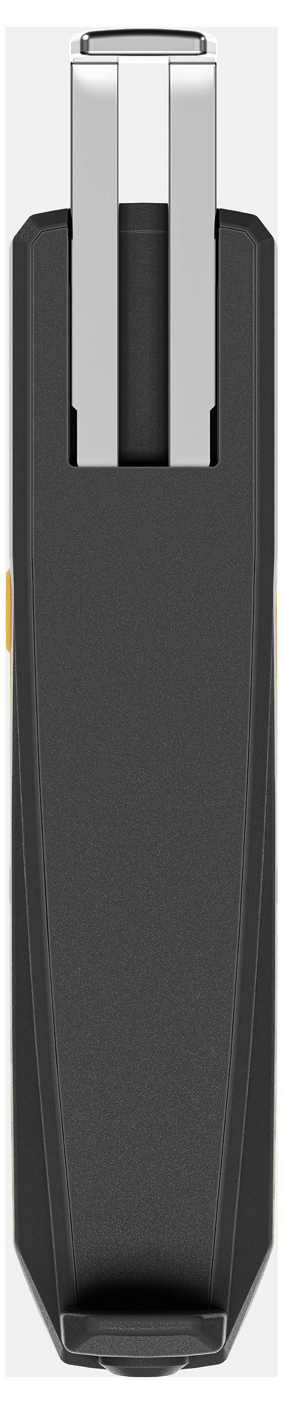 Black electric telecommunications key with silver contacts at the top, vertically oriented.