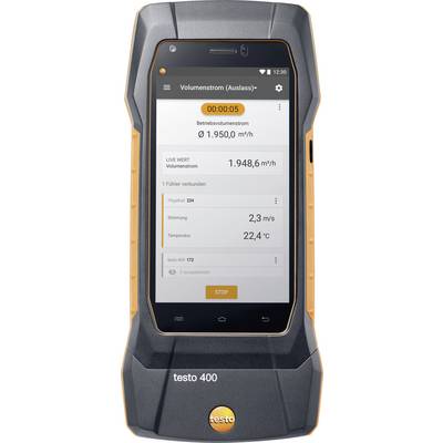 An electronic measuring device with a display shows 'Volume Flow Rate (Outlet)' and real-time measurement values such as 1,948.6 m³/h and 22.4 °C.