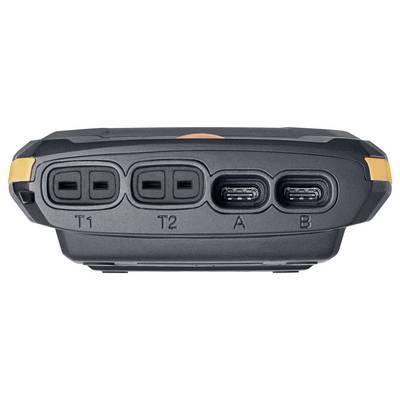 Device shows four ports: two square ports on the left labelled 'T1', 'T2' and two rectangular USB ports labelled 'A', 'B'.