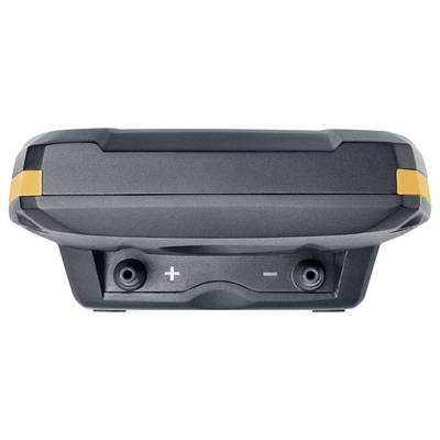 Portable electronic device, front view. Two ports are visible. The casing is grey with an orange accent.