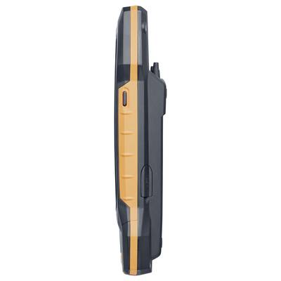 Digital device in side view, black and orange casing, several buttons visible, potentially a portable measuring instrument.