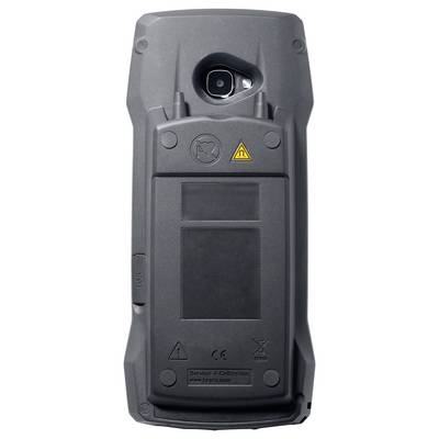 Back of a robust electronic device with a camera, several symbols, and warning notices. Device likely serves industrial purposes.