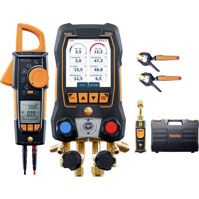 Digital Pressure Gauge Set with Colour Display Shows Refrigerant Pressure and Temperature Values. Accessories: Pliers, Carrying Case.
