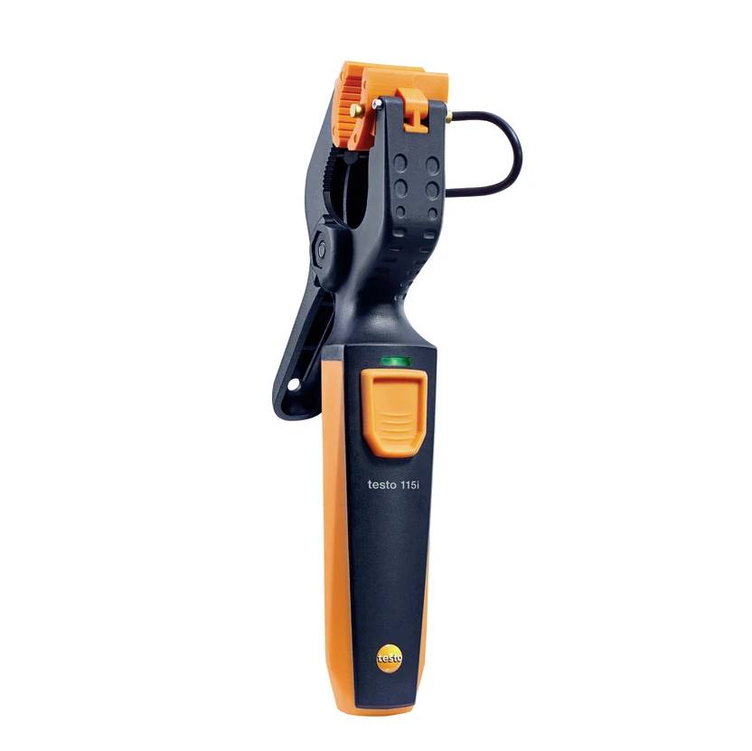 Digital measuring device with spring-loaded clip for temperature measurements, measuring range up to 1000 °C. Black and orange housing.