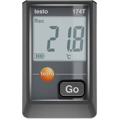 A digital thermometer displaying '21.8°C', with a battery indicator and buttons marked 'Testo' and 'Go'.