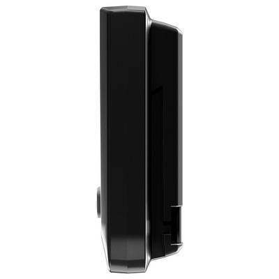 Black, rectangular electronic device viewed from the side with rounded edges, potentially a mobile phone or satellite navigation device.