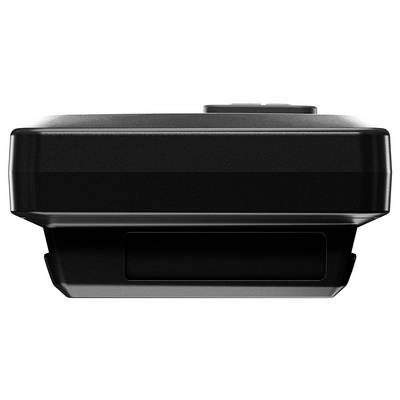 Black electronic device with a rectangular, slim shape, photographed from the side. Top edge slightly rounded.