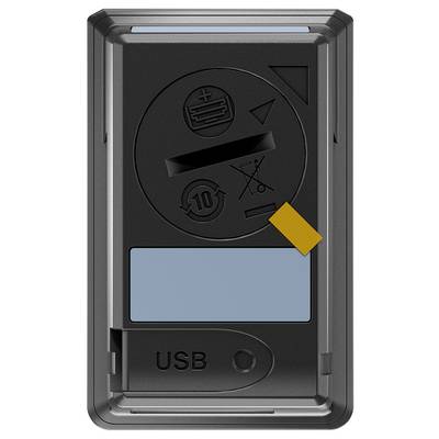 Black USB device with symbols for correct battery installation and warning notice, compatible with 10A batteries.