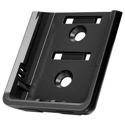 Black plastic component with multiple rectangular and circular openings, likely a mounting bracket or DIN rail.