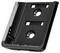 Black plastic component with multiple rectangular and circular openings, likely a mounting bracket or DIN rail.