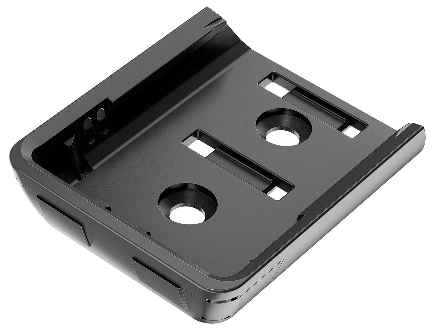 A black, rectangular plastic mounting bracket with multiple slots and openings for attachment, viewed from an overhead perspective.