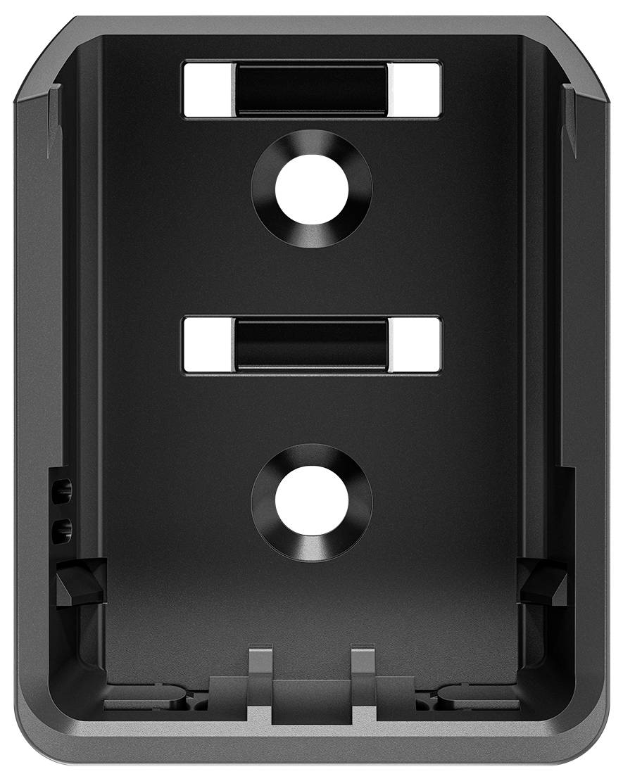 A plastic casing with a rectangular shape, featuring two round holes and two rectangular openings, presumably used for device mounting.