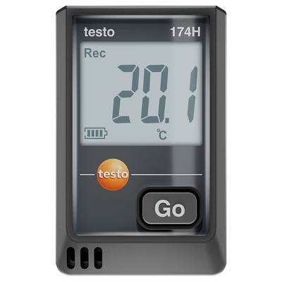 Temperature data logger displays '20.1 °C' on screen. Button marked 'Go'. Small battery symbol. Model: Testo 174H.
