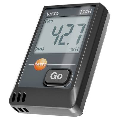 A digital hygrometer displays '42.7% rH'. Device has a 'Go' button and Testo logo. Suitable for monitoring humidity.