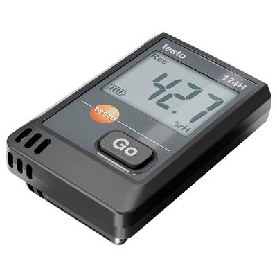 Electronic measuring device for monitoring humidity; display shows '427% rH'. Buttons for recording and operation are visible.