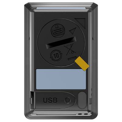 'Back of a device with USB port, battery and waste symbols, and a blue cover; shows usage and disposal instructions.'