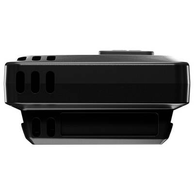 A rectangular, black electronic device with ventilation slots on the top surface.