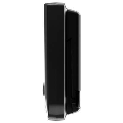 Black device, side view, with rectangular shape and smooth edges. Focus on design and material.
