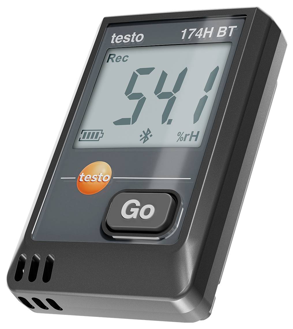 A digital hygrometer displays 54.1% relative humidity. The device is black with a large display and a "Go" button.