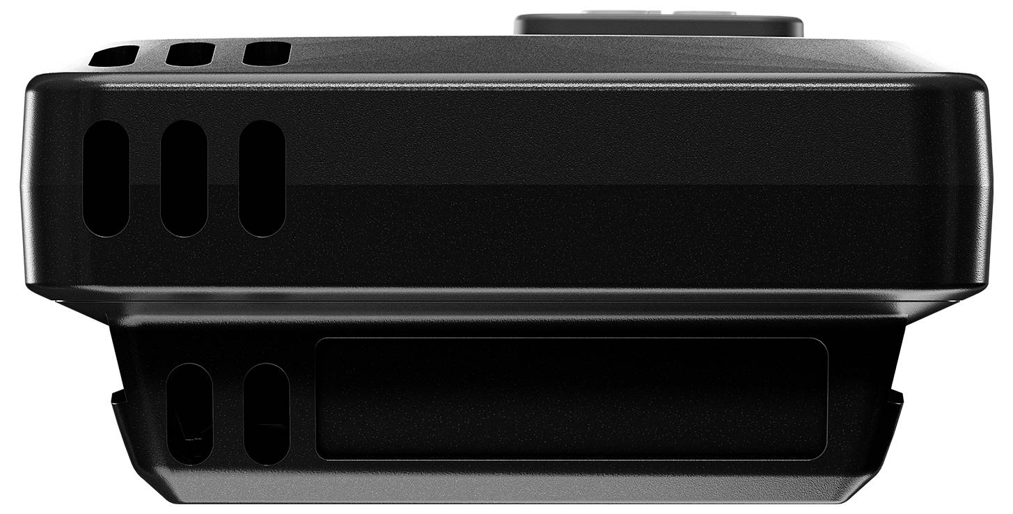 Black electronic device with ventilation slots and rectangular elements, viewed from the side.