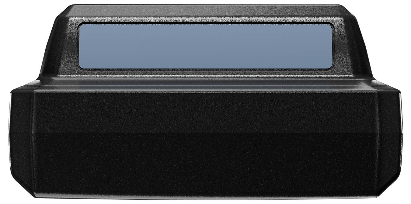 A dark plastic housing with a rectangular blue viewing window on top, potentially part of an electronic device.