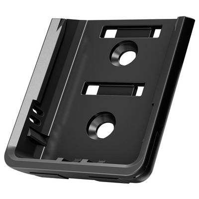 A black plastic mounting bracket with two rectangular and one round hole, possibly for wall mounting.