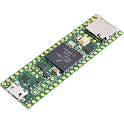 A green microcontroller board with multiple chips, USB ports, and a small pushbutton.