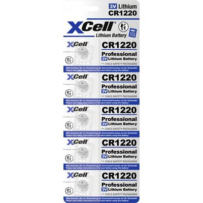 'XCell CR1220 Lithium Battery' packaging, showing six button cells. Text emphasises 3V and child-safety packaging.