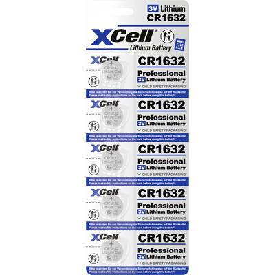 'Pack of five 3V CR1632 lithium button cell batteries, child-safe packaging, by XCell for professional applications.'