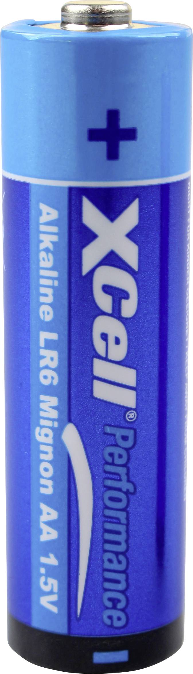 Alkaline battery type LR6 Mignon AA 1.5V, blue with the inscription 'XCell Performance' and a plus sign.