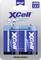 'XCell Performance' packaging with two blue alkaline batteries, Type LR20, 1.5V. Includes product description and logos.