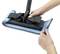 A person secures a blue microfibre cloth to a floor mop by clamping it onto the attachment.