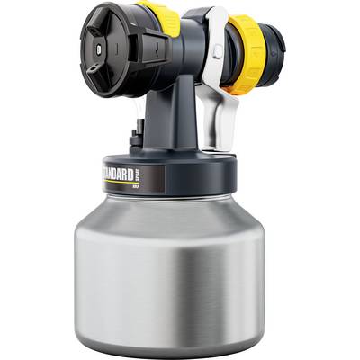 A spray device with a silver container, black handle, and yellow accents. Developed for versatile spraying applications in DIY projects.
