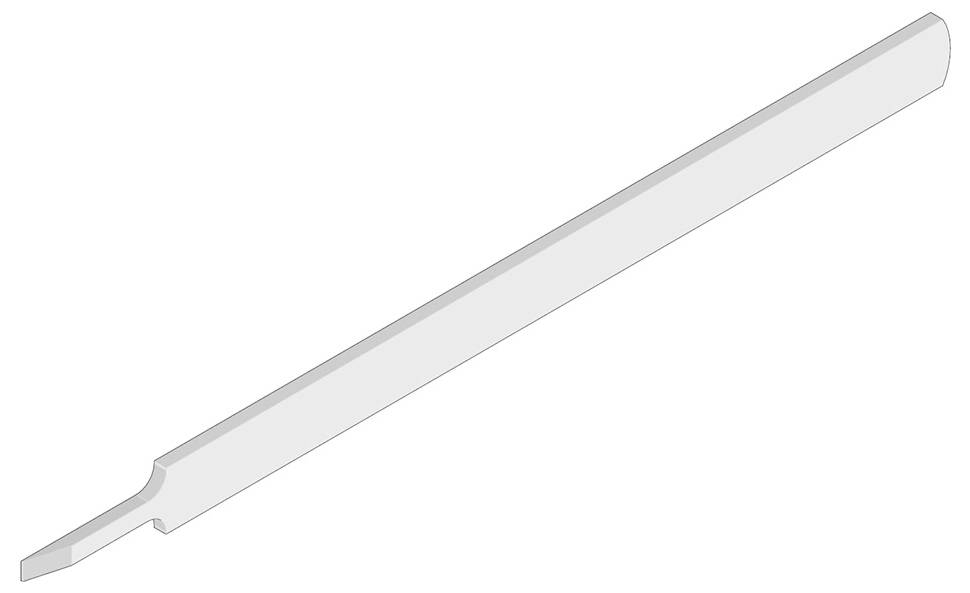 A long, narrow metal rod with a broad, flattened end, possibly part of a tool or machine.