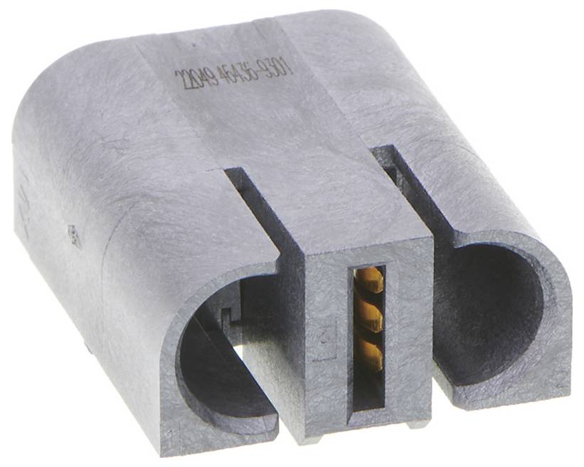 A grey, rectangular electrical terminal block with two openings and orange plug contacts, suitable for cable connections.