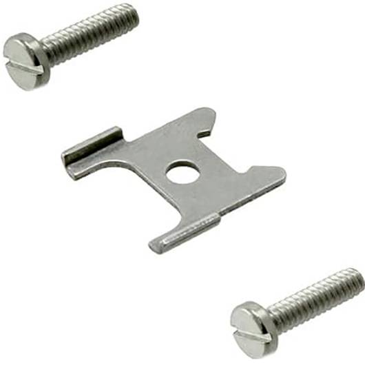 A metal clip bracket with a central hole and two screws, used for securing or mounting electronic components.