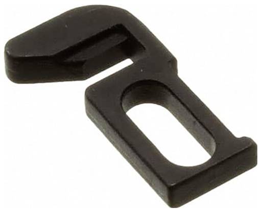 A black plastic latch component with a hook-like shape used in mechanical or electronic enclosures.