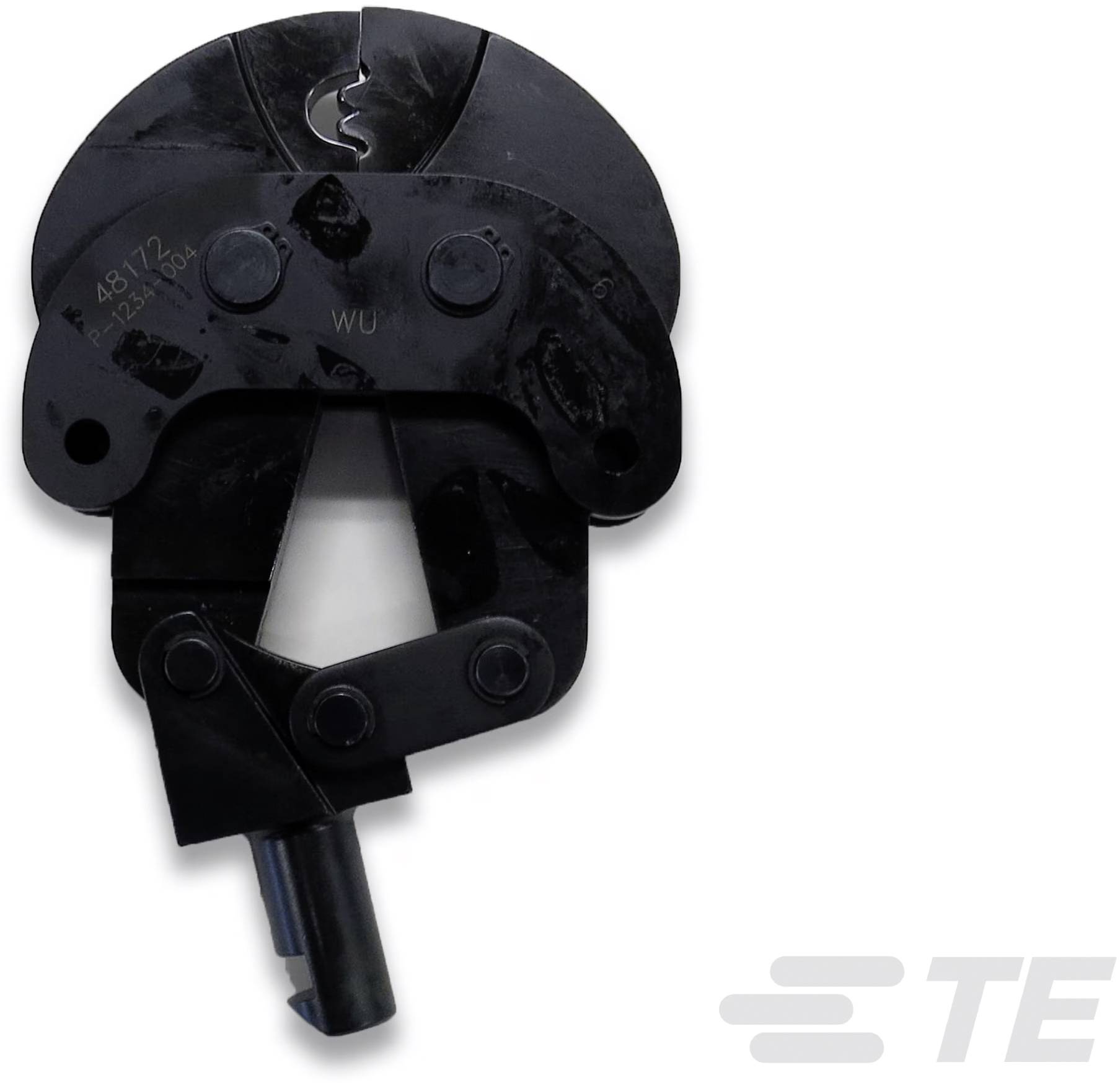 A black cable cutting blade with multiple screw connections, suitable for cutting wires or cables.