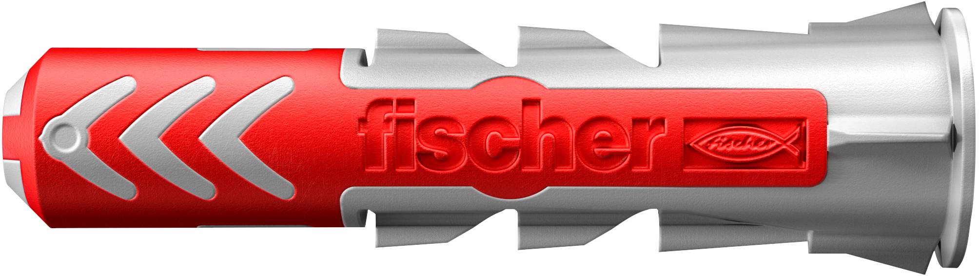 A red and gray fischer brand wall plug with arrow designs, meant for secure anchoring in construction or DIY projects.