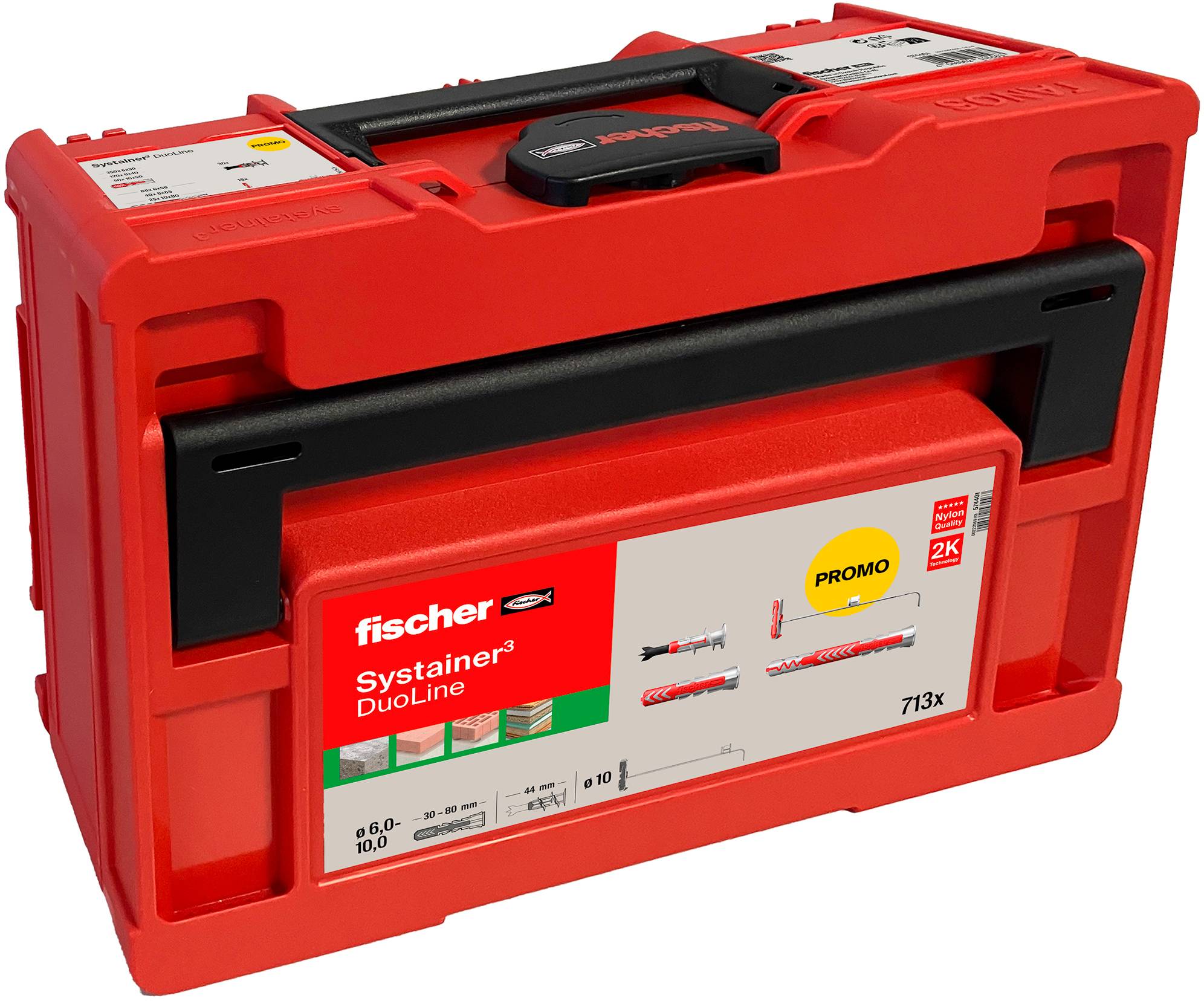 Red storage case labeled 'fischer Systainer³ DuoLine', featuring promotional content for fasteners, with a handle and compact design.