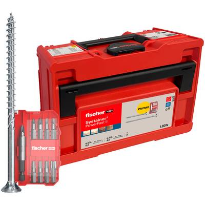 Red Fischer Systainer case with a fastening kit, including a long screw and red drill bit set in front.<br>