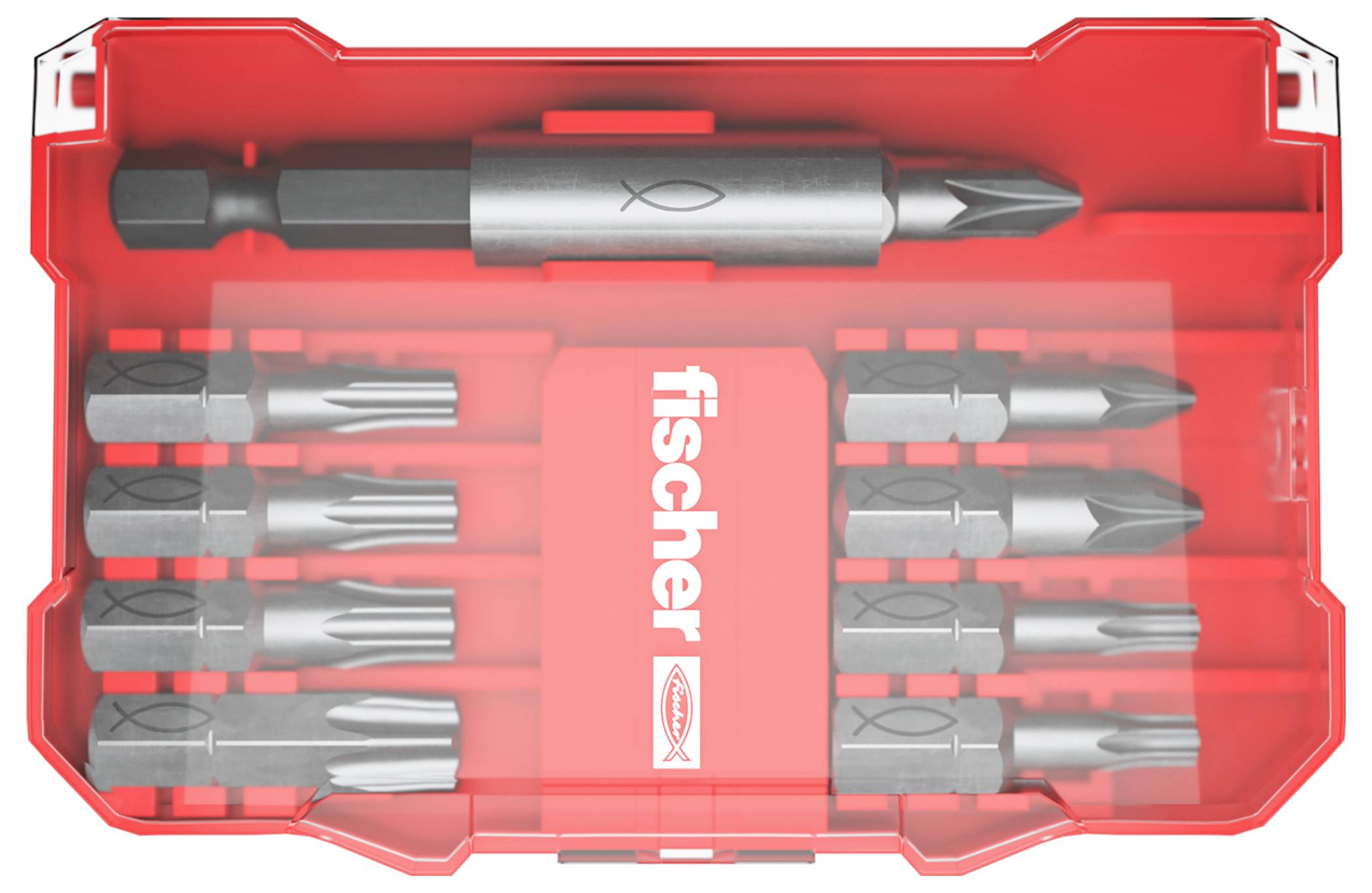 Red plastic case containing various metal drill bits and holders, with the 'fischer' logo in white on the front.