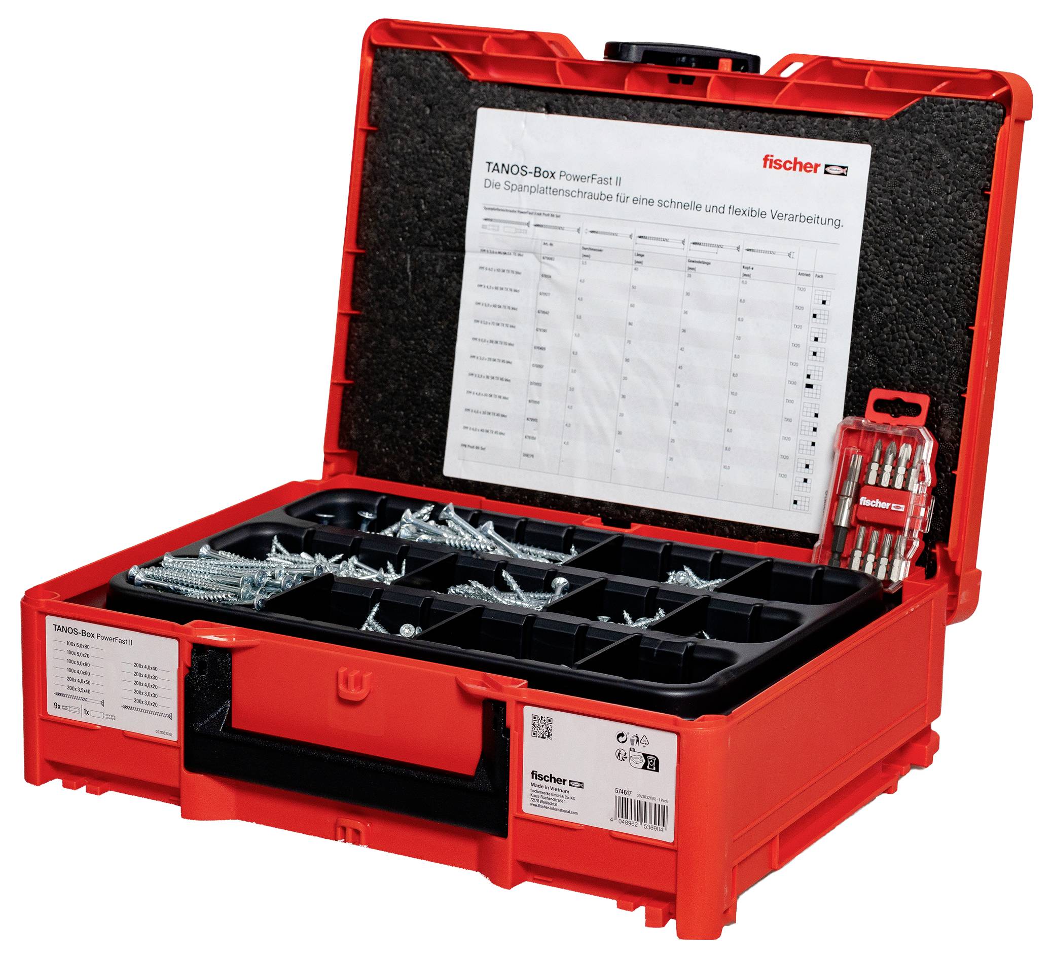 'Red organizer box with lid and compartments, contains screws, wall plugs, and a checklist. Brand label on front reads 'fischer'.'