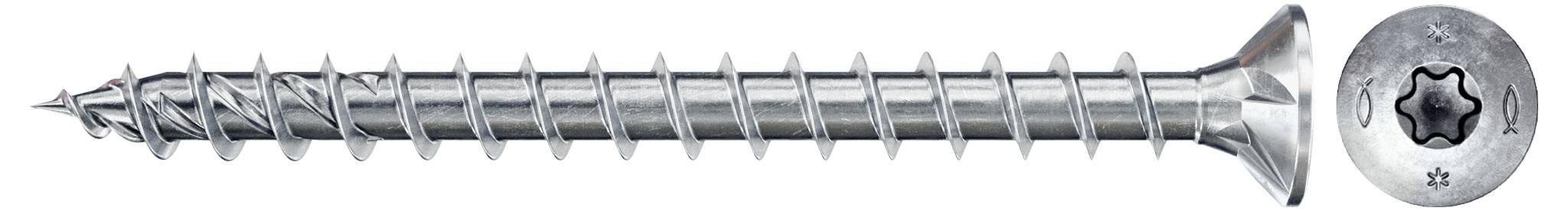 A close-up image of a metal screw with a Torx head design, showing its spiral threads and sharp tip, intended for wood or metal fastening.
