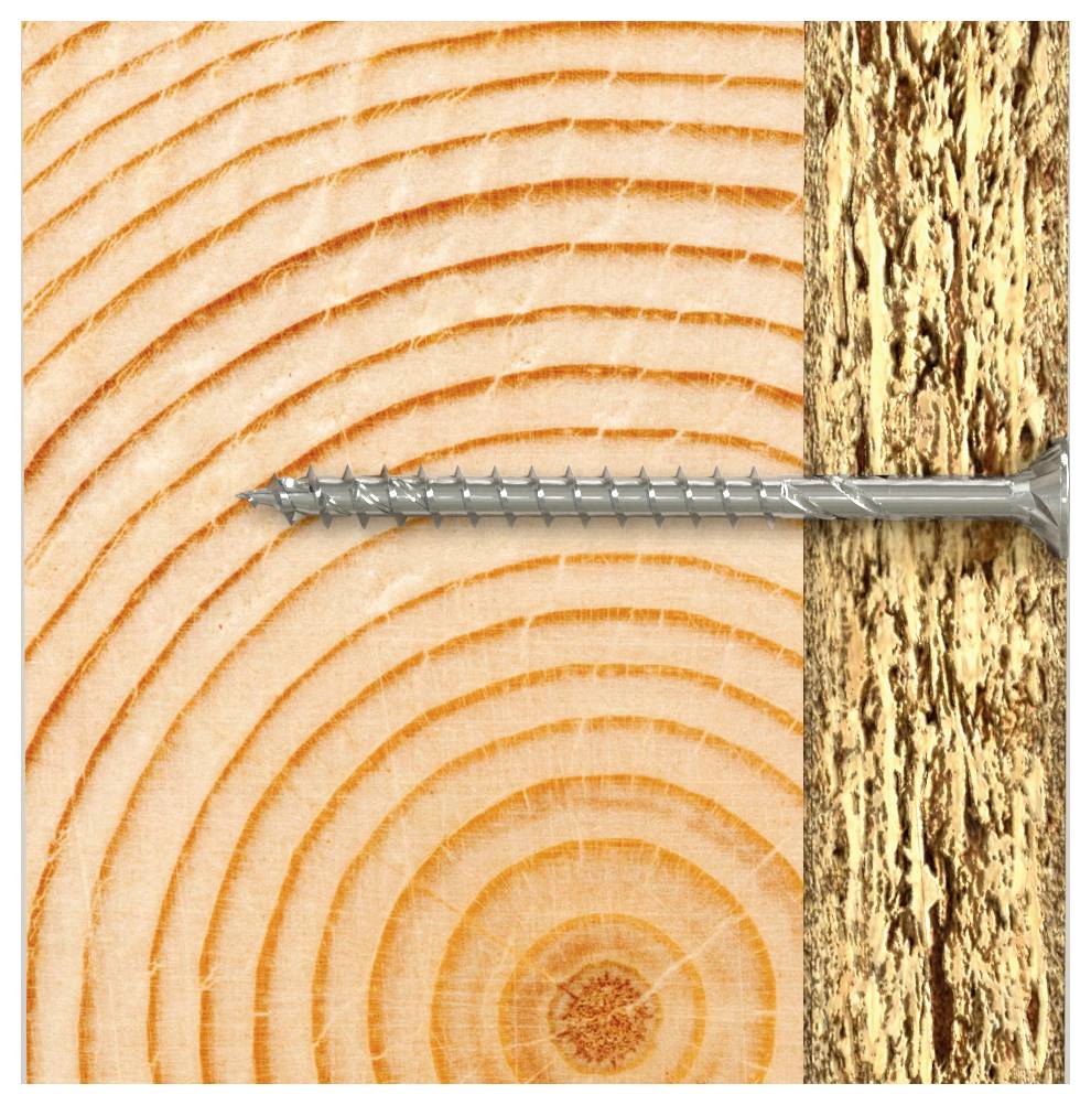 'A screw is half-inserted between a piece of fresh wood with visible rings on the left and an aged, rough piece on the right.'